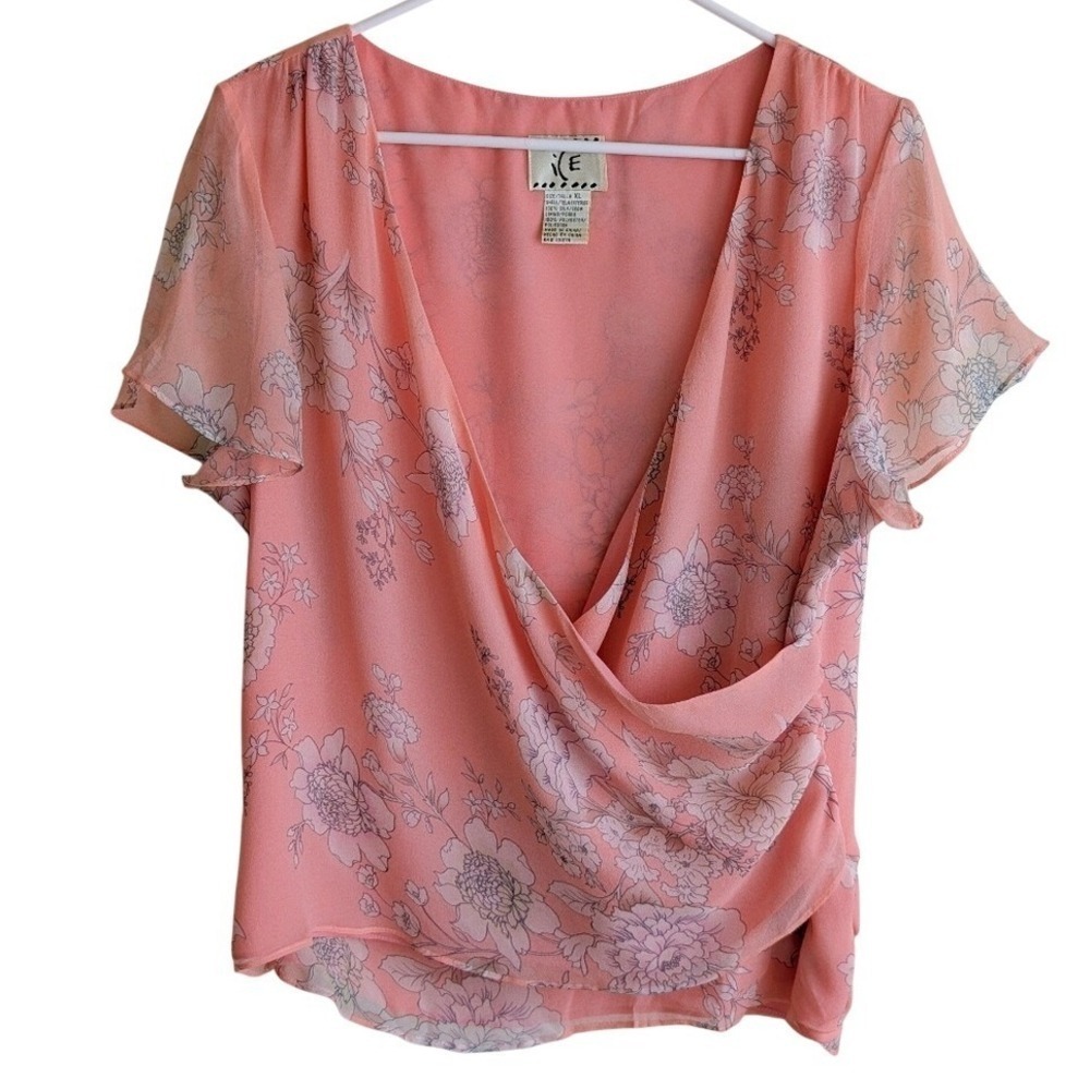 Vintage 90s Whimsy Boho Pink Floral Plunging Draping Silk Blouse - Picture 4 of 7